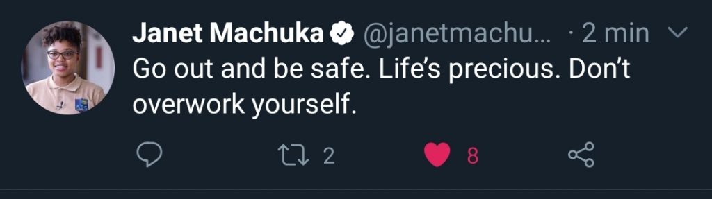 Przypomnienie: Wyjdź na zewnątrz i zachowuj się bezpiecznie. Nie przepracowuj się. Tweet Janet Machuki.